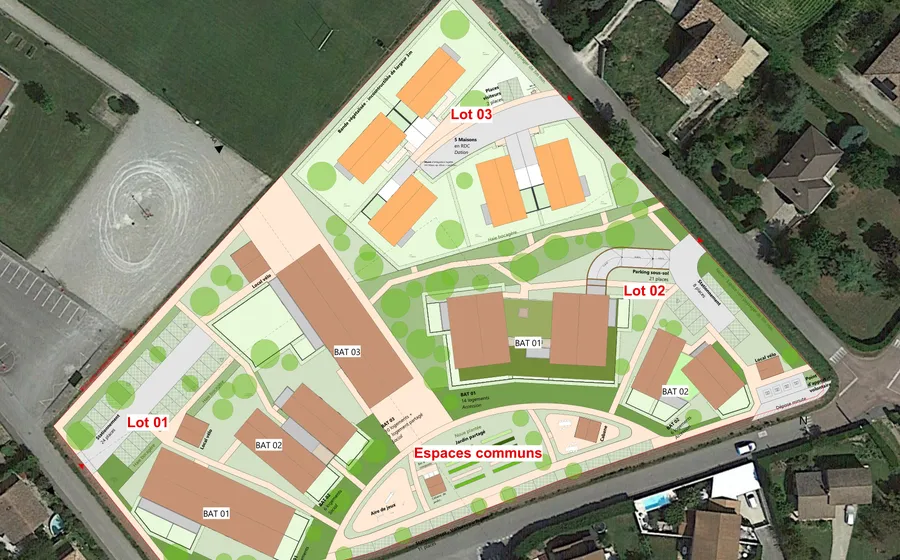 Plan masse du quartier sur photo aérienne : lots 01, 02, 03 et espaces communs.