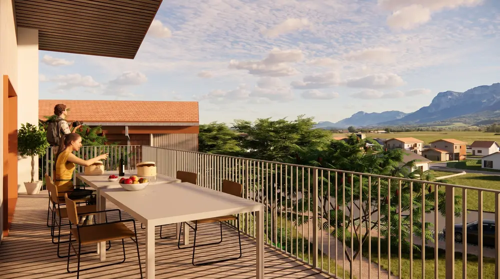 Grand balcon en bois avec vue sur le Vercors.