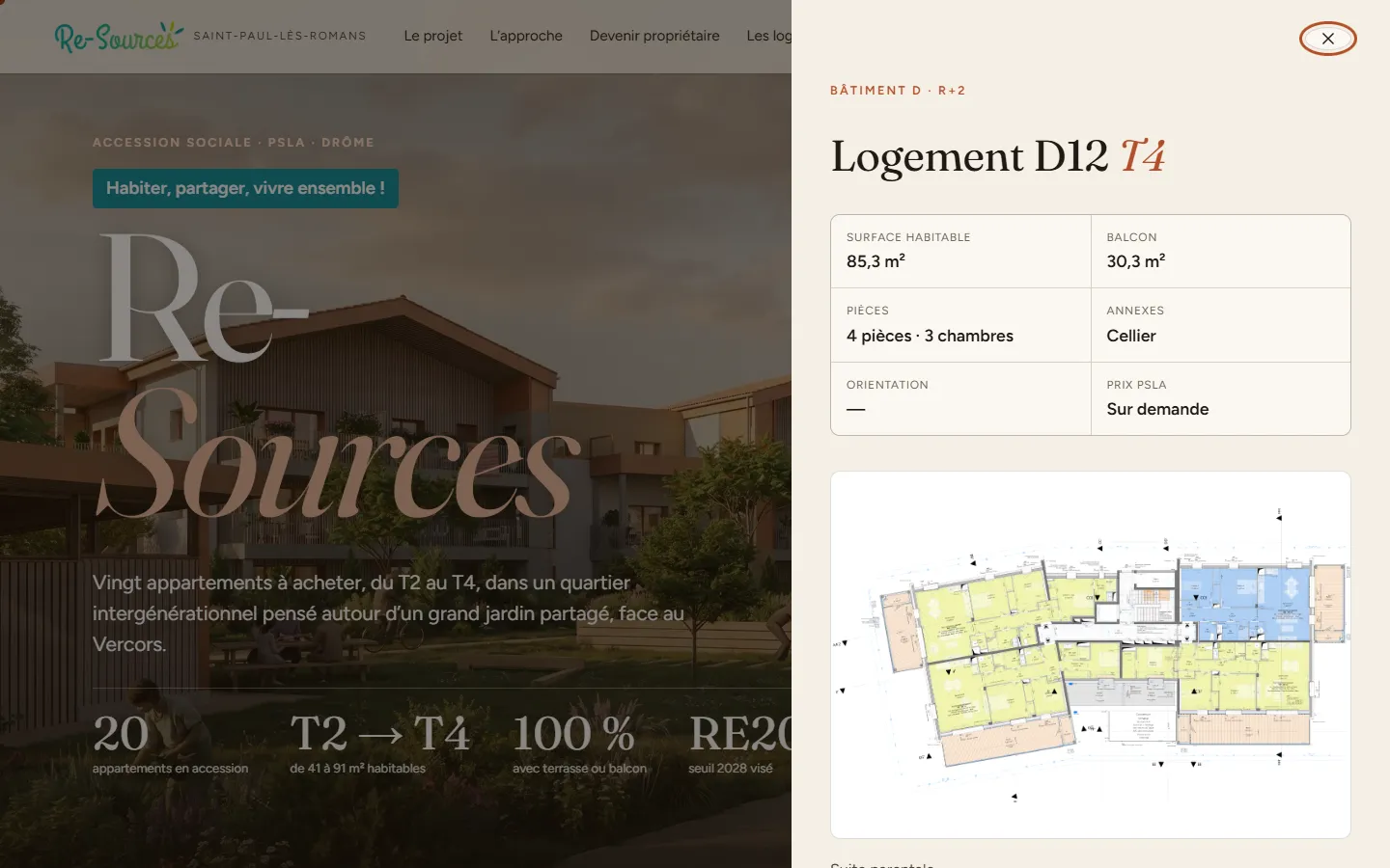 Fiche logement avec surfaces, extérieurs et plan du niveau.