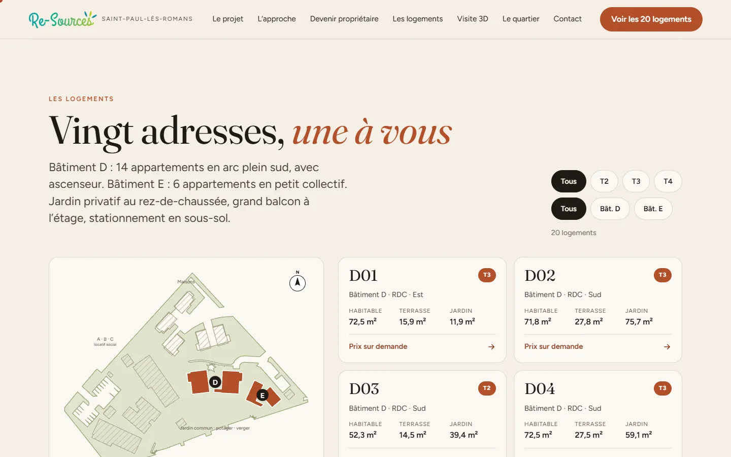 Recherche de logements avec filtres et plan masse.