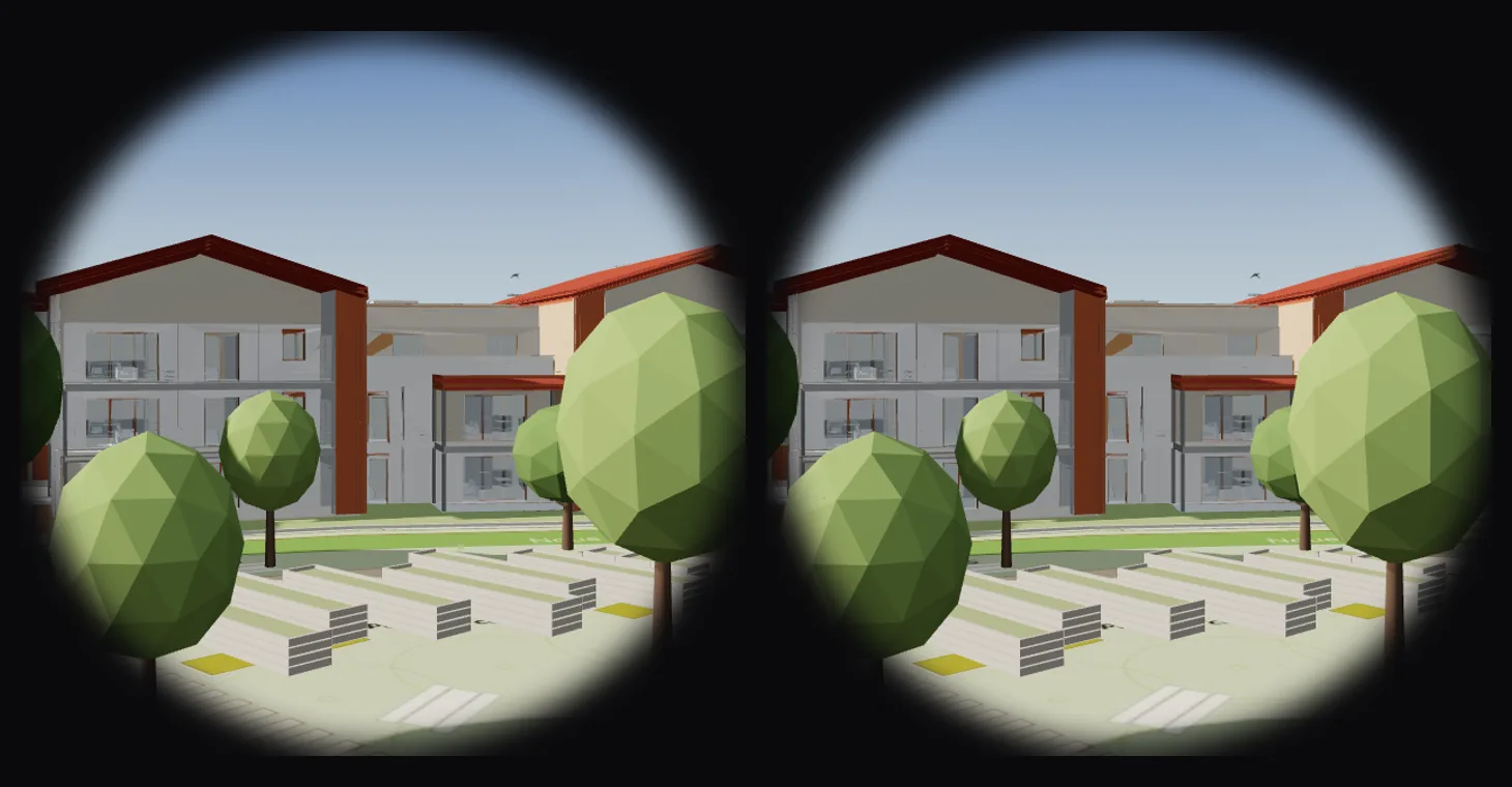 Vue stéréoscopique d’un casque de réalité virtuelle dans le jardin du programme.